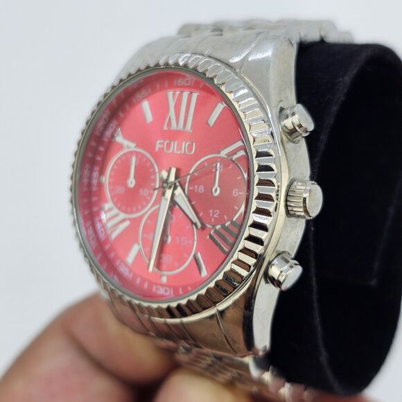Folio Women's Watch 38MM Dark Pink Dial Gray Bracelet Band 5.5" New Battery - Picture 3 of 13